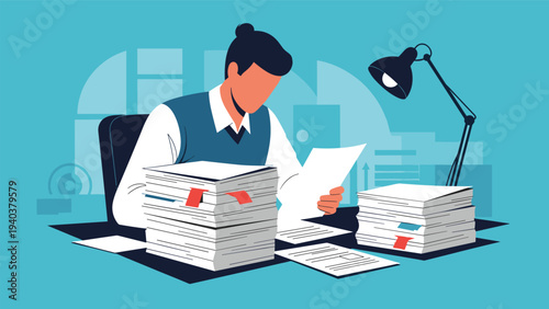 Tired office worker sitting at a desk late at night overwhelmed by massive stacks of paperwork while reading documents under a desk lamp.