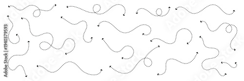 Set of double squiggle line dashed arrows. Dash curved vector editable stroke arrows . Vector Illustration .EPS 10 .