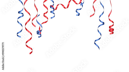 Red and blue curled ribbon streamers isolated, festive decoration element for party, celebration, birthday, carnival, and holiday design.