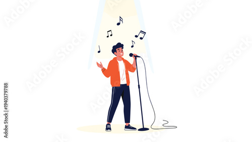 Young male singer performing on stage under a bright spotlight while holding a microphone as musical notes float around him during a concert.