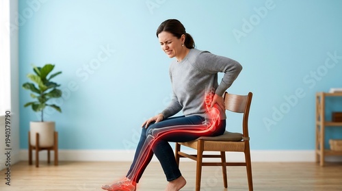 Wallpaper Mural Woman sits on a wooden chair feeling lower body pain as a bright red visual graphic highlights the painful areas along her spine, hip, and leg bones. Torontodigital.ca