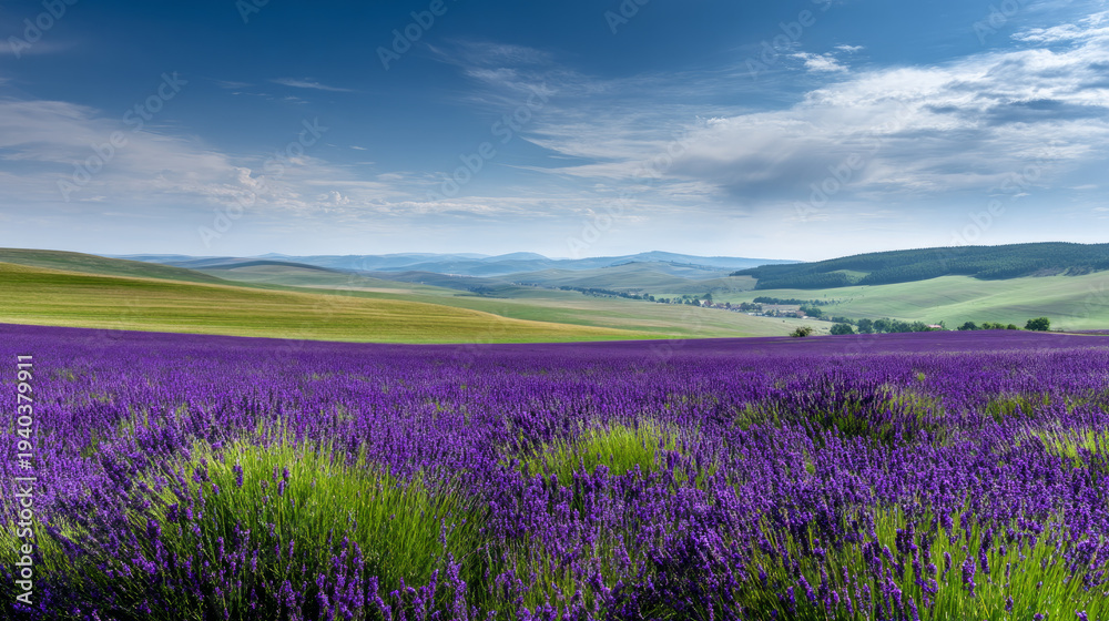 Obraz premium A beautiful, sun-drenched spring summer meadow. Natural colorful panoramic landscape with many wild flowers of daisies against blue sky. A frame with soft selective focus.
