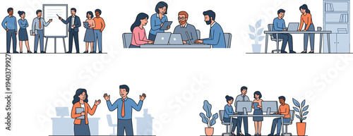 WebMega collection of business people icons, office life activities, diverse team collaboration, and confused characters with question marks vector set.