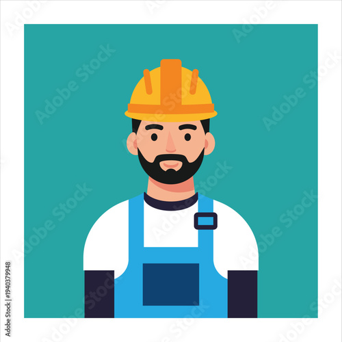 Construction worker in yellow hard hat and blue overalls on teal background
