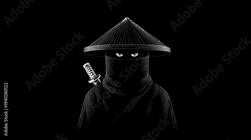 A stylized illustration of a veiled figure with a katana, wearing a conical hat, and ominous eyes