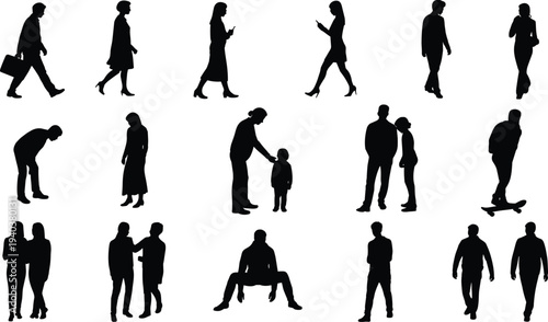 Black people silhouettes, diverse human poses, walking standing sitting activities, lifestyle illustration, urban design element, behavioral study artwork, interaction graphic