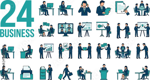 WebSet of twenty four business character icons featuring office workers, professional meetings, presentations, and daily corporate activities in flat vector style.