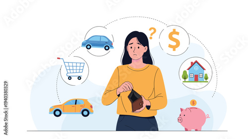 Stressed woman holding an empty brown leather wallet while thinking about financial expenses like a house, car, shopping, and lack of savings.