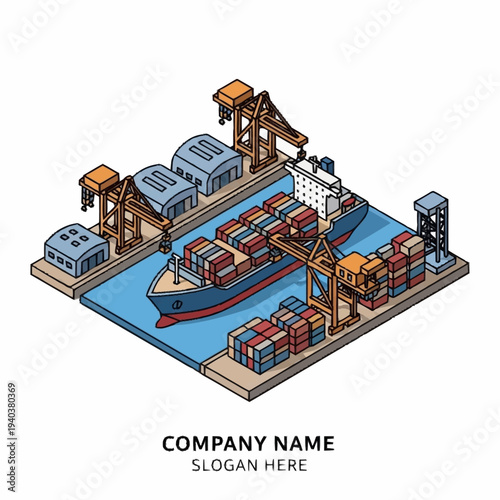 Isometric illustration of a busy shipping port with cargo ship and cranes.