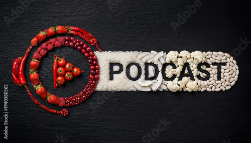 Podcast lettering in a food style, the word "PODCAST" laid out from food on a black background, the letters formed from tomatoes, rice, coconut, beans, strawberries, red pepper and other foods, logo