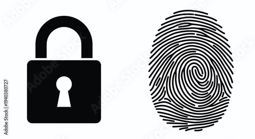 A unique biometric fingerprint pattern forms a digital security lock icon for identity identification and privacy protection in this forensic technology vector illustration