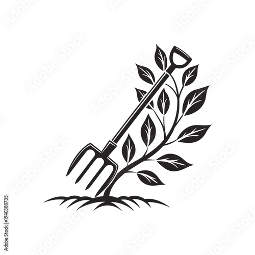 Minimalist gardening tools silhouette with shovel and pitchfork crossed over growing leafy plant, black vector icon symbolizing agriculture, planting, garden care and eco farming