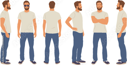Bearded Man Character Model Sheet Turnaround Featuring Front Side and Back Views Casual Male in T-shirt and Jeans Vector Illustration for Animation