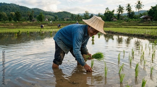 Traditional Thai farmer planting rice seedlings in a flooded rice field while wearing a straw hat, gentle ripples in water reflecting the sky