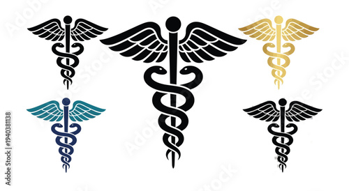 A gold caduceus medical symbol featuring wings and snakes is presented as a vector icon set with Celtic knots for healthcare and pharmaceutical pharmacy logos isolated on a white background