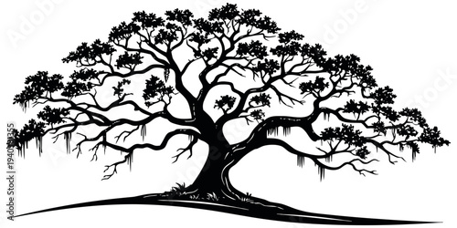 A majestic tree with sprawling branches and lush foliage on a small hill