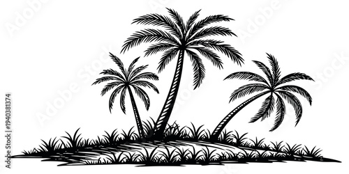 Tropical island with palm trees silhouette