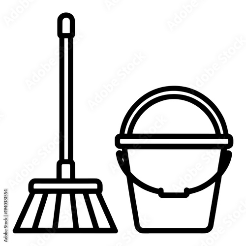 Outline Dustpan and Bucket Cleaning Tools UI Icon for App UI