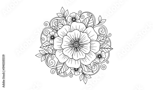 Beautiful floral coloring page black and white flower line art vector illustration for adult coloring book