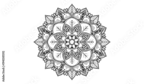 Floral mandala coloring page black and white flower pattern vector line art for adult coloring
