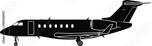 Black silhouette of a modern private business jet airplane isolated on white background, luxury corporate aviation travel and transportation icon.