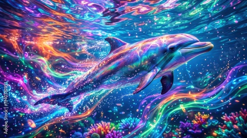 Vibrant Dolphin Swimming in a Colorful Underwater World.