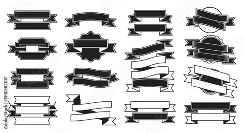 Diverse Set of Black and White Ribbon Banners and Labels on Isolated White Background