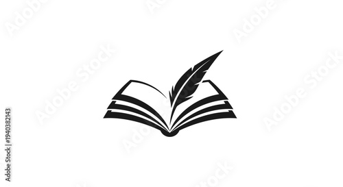 Open Book with Feather Quill Pen Classic Literature Symbol on Isolated White Background