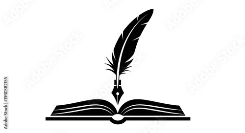 Open Book with Feather Quill Pen Classic Literature Symbol on Isolated White Background