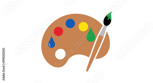 Artist Palette with Paint Brush and Colorful Drops on Isolated White Background