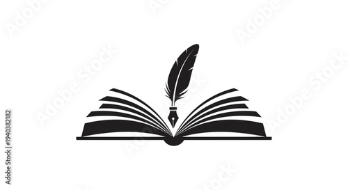 Simple illustration of an open book with a quill pen resting on its pages, symbolizing knowledge and writing on an isolated white background.