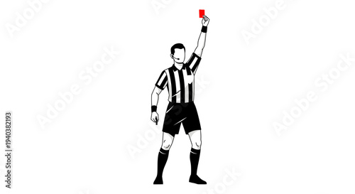 Male soccer player raising a red card, symbolizing a penalty or rule violation in a game on an isolated white background.