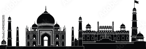 Vector collection of black Indian landmark silhouettes featuring Taj Mahal and Red Fort isolated on white background for India travel culture and heritage design