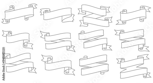 Set of Blank Ribbon Banners and Scroll Elements in outline style isolated white background, for text and decoration.