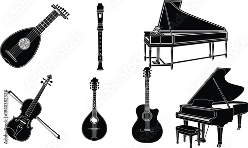 Vector collection of black musical instrument silhouettes including grand piano acoustic guitar violin mandolin and flute isolated on white background for classical music concert