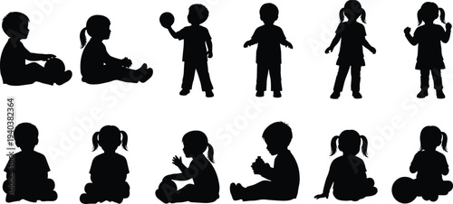 Vector collection of black silhouettes featuring small children and toddlers playing sitting and standing isolated on white background for childhood education and parenting design