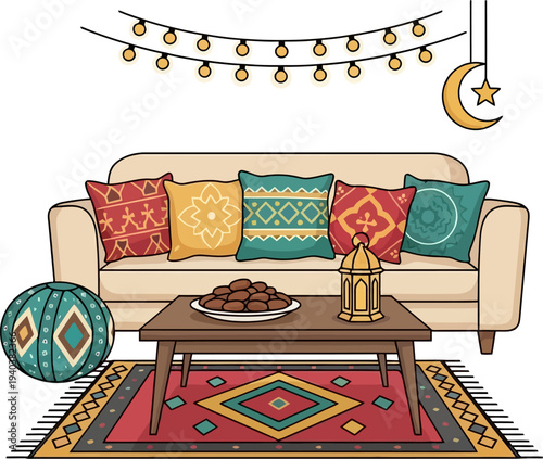 Cozy living room decorated with lanterns and cushions