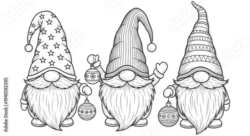 Four charming black and white Christmas gnomes with decorated hats, long beards, and festive ornaments, isolated on a white background.