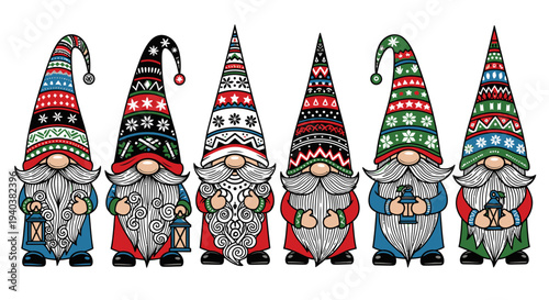 Five joyful colorful Christmas gnomes with vibrant patterned hats and traditional clothing, celebrating the festive season, isolated on a white background.