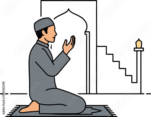 Devout man performing prayer on a rug inside a mosque