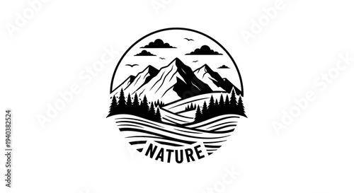 Circular Nature and Mountain Landscape Logo with Pine Trees and Flying Birds, isolated white background
