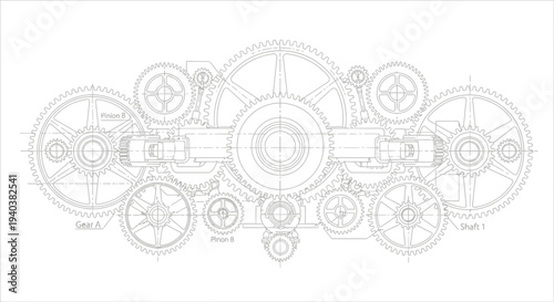 Detailed Engineering Blueprint Drawing of Interconnected Gears and Shafts, isolated white background