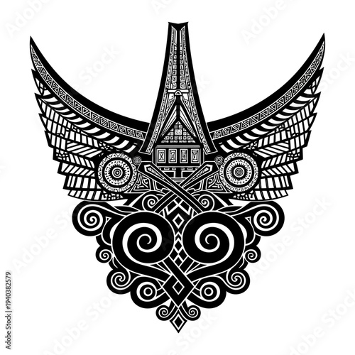 Black and white floral ornament design with the Paris Eiffel Tower landmark illustration