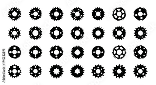 Set of Black Industrial Gear and Sprocket Icons Collection, isolated white background