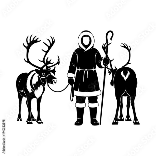 Vector illustration of a businessman and businesswoman holding a flower in a simple black silhouette sketch style