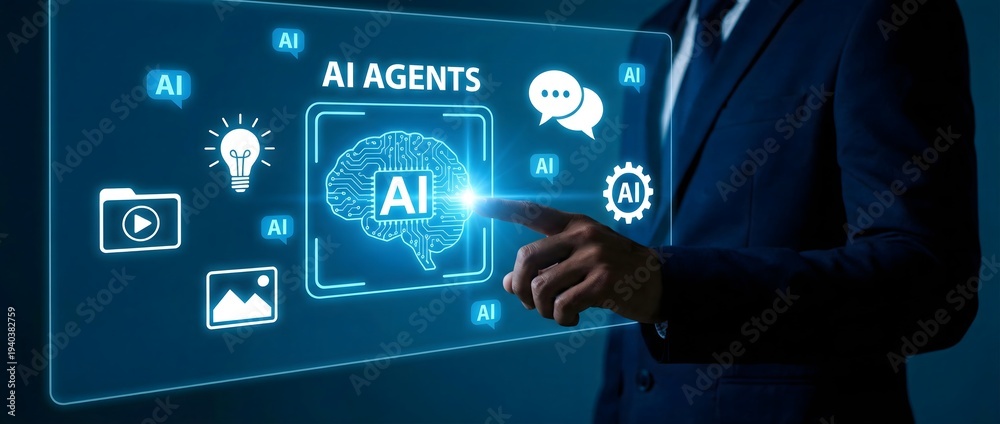 Fototapeta premium Business person interacting with a futuristic ai interface on a digital screen