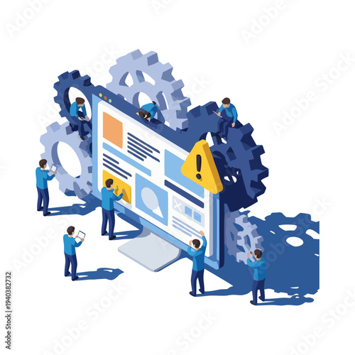 Isometric illustration of a team working on a computer system with gears and an error warning.