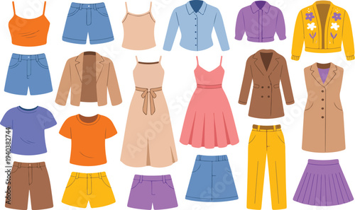 Women Clothing Collection with Dresses, Shirts, Skirts, Shorts, Jackets, and Casual Fashion Outfit Elements Vector Set for Apparel Design