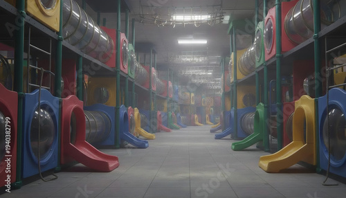 a long indoor corridor made entirely of colorful playground equipment