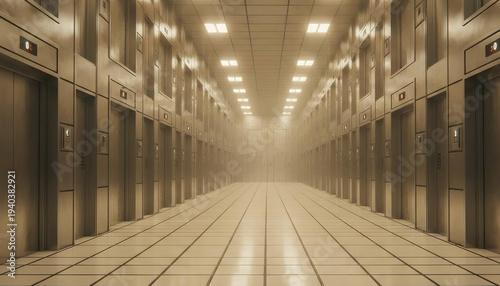 a massive empty room filled with hundreds of elevator doors covering every wall in a perfectly repeating grid